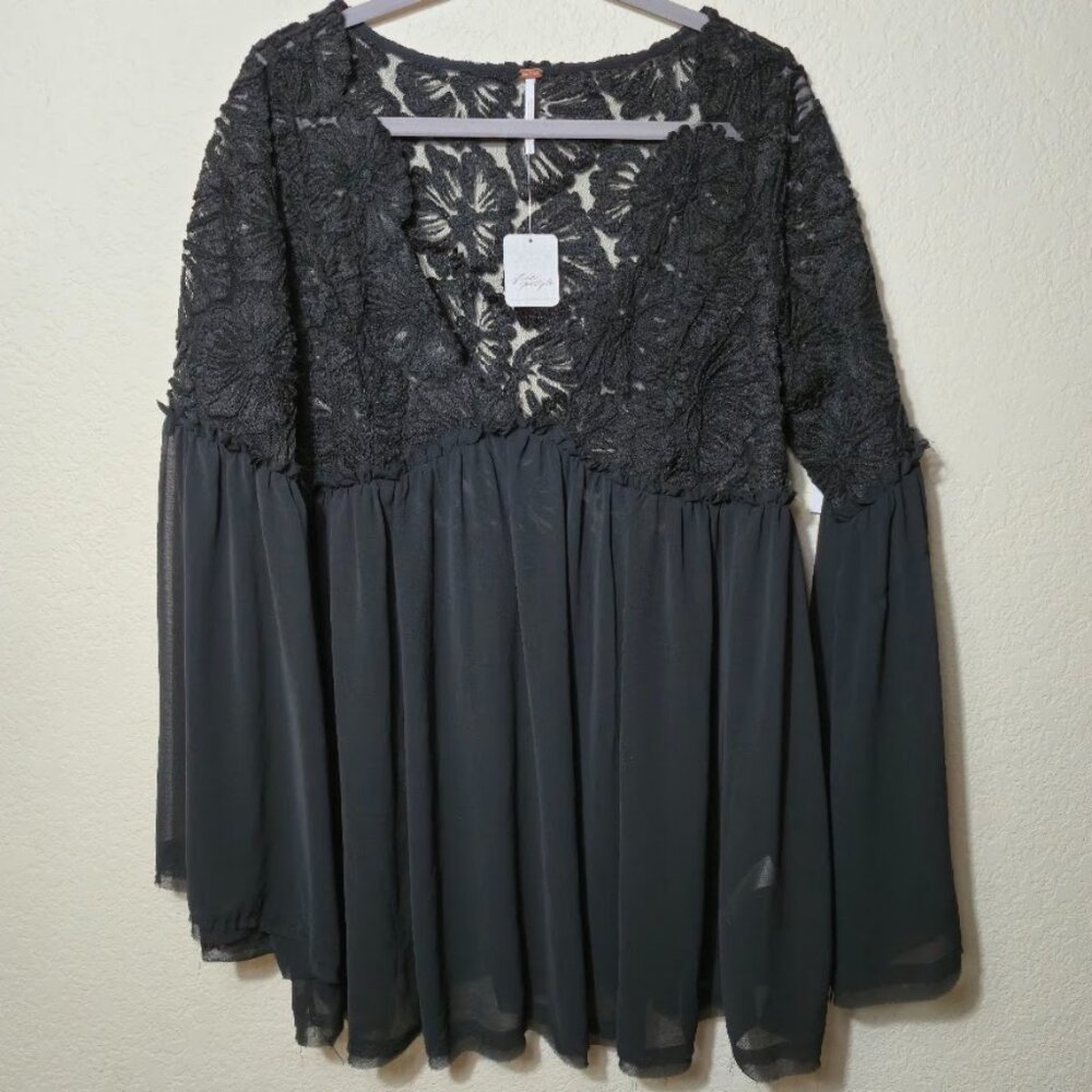 Free People Magdalene Crochet Babydoll Tunic Lg Sheer Bell Sleeve Black Top NWT